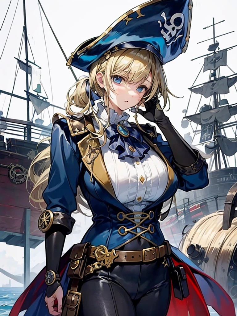 (((masterpiece、Highest image quality、highest quality、highly detailed unity 8kwallpaper)))、((Illustration of one girl、upper body))、(((beautiful girl)))、(fantasy、female pirate)、(blonde、short ponytail:1.2、light blue eyes、brown skin)、(((Right hand is a prosthetic hand、steampunk prosthetic arm)))、((tall))、bulky figure, massive frame, thick neck, sturdy arms, powerful legs、(captain's suit、Pirate hat、Blue coat)、standing on the pier、pirate ship、Wooden sailing ship