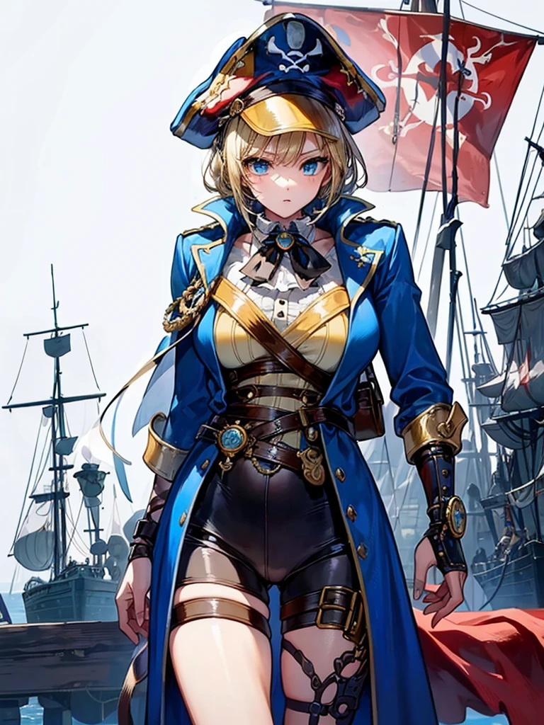 （（（masterpiece、Highest image quality、highest quality、highly detailed unity 8ｋwallpaper）））、（（Illustration of one girl、upper body））、（（（beautiful girl）））、（fantasy、female pirate）、（blonde、short ponytail：1.2、light blue eyes、brown skin）、（（（Right hand is a prosthetic hand、steampunk prosthetic arm）））、（（tall））、bulky figure, massive frame, thick neck, sturdy arms, powerful legs、（captain&#39;s suit、Pirate hat、Blue coat）、standing on the pier、pirate ship、Wooden sailing ship