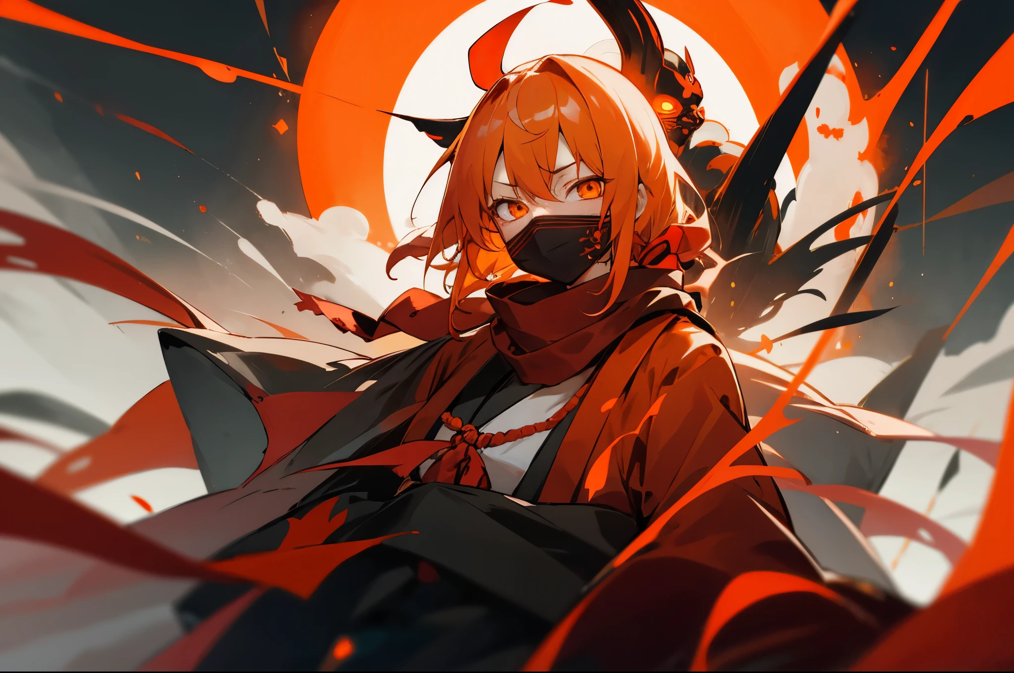girl,orange hair,orange eyes,glowing eyes,glowing eyes,glowing eyes场合,incredible,Serious expression,japanese oni,般若mask,mask,mask,dark night,Feeling,Taoist priest,Taoist priest服,Possessed soul,spell,rebirth,neo,red scarf