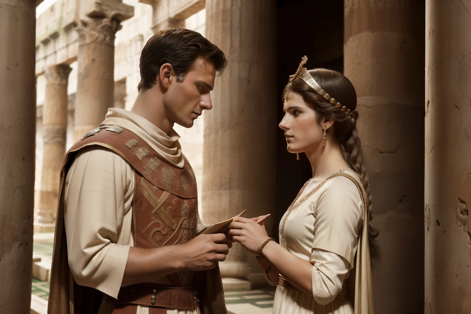 Rome, 77 BC. A young ((((23-year-old)) Gaius Julius Caesar)), standing in the atrium, with his wife Cornelia, thinking about the proposal he just received. ((((casual roman clothings from the 1st century BC)))) ((ancient rome hairstyle))