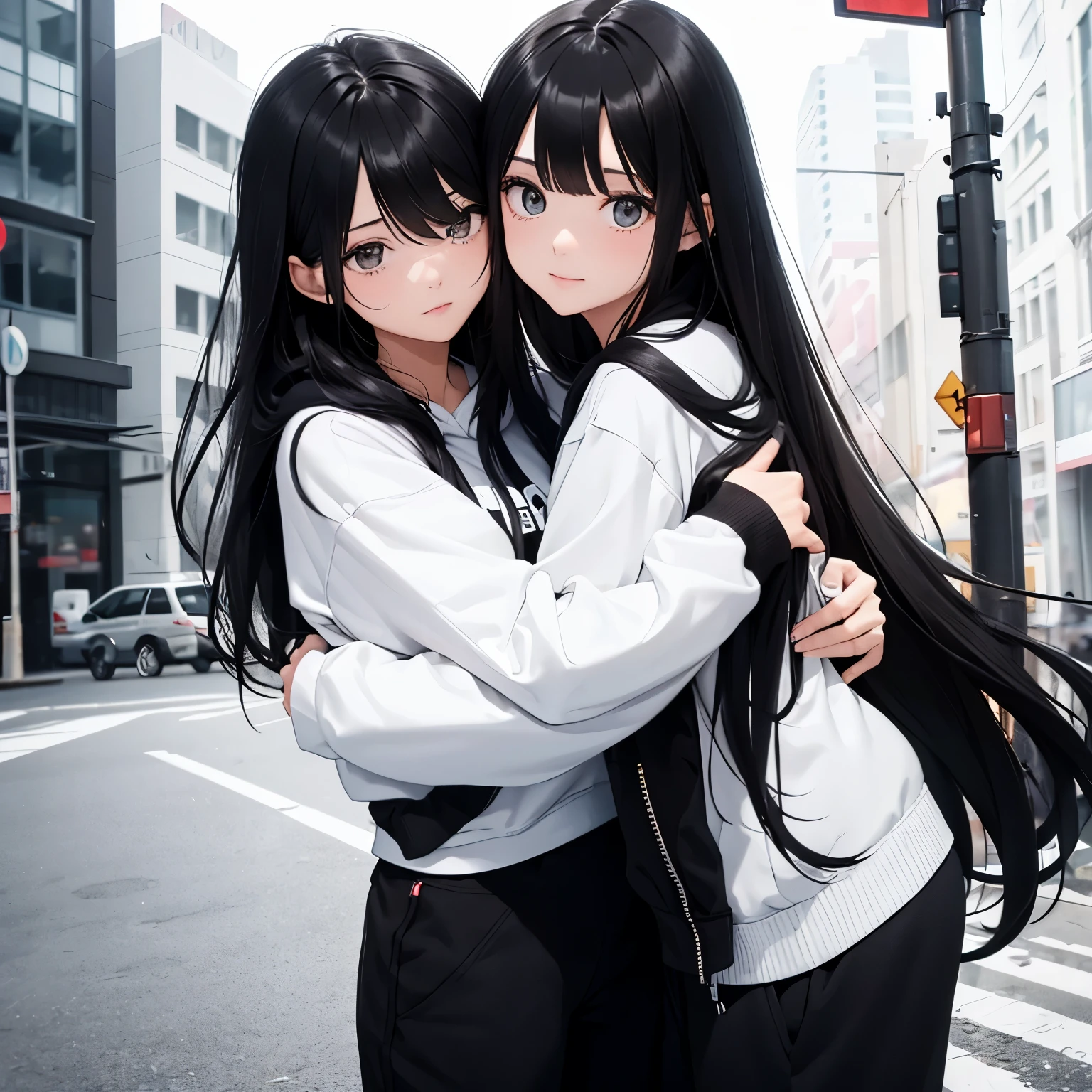 Two beautiful and cute girls, long black hair, black and white hoodie, trousers, sneakers, hug, decent, road