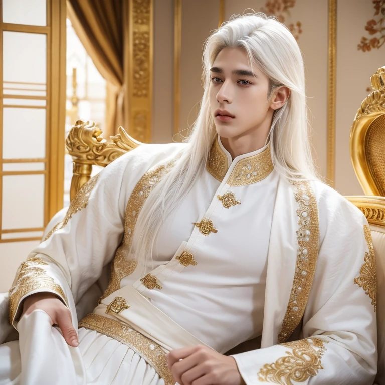 A handsome young man around the age of 15, white hair, gold and white imperial clothing, slightly muscular body, long hair.