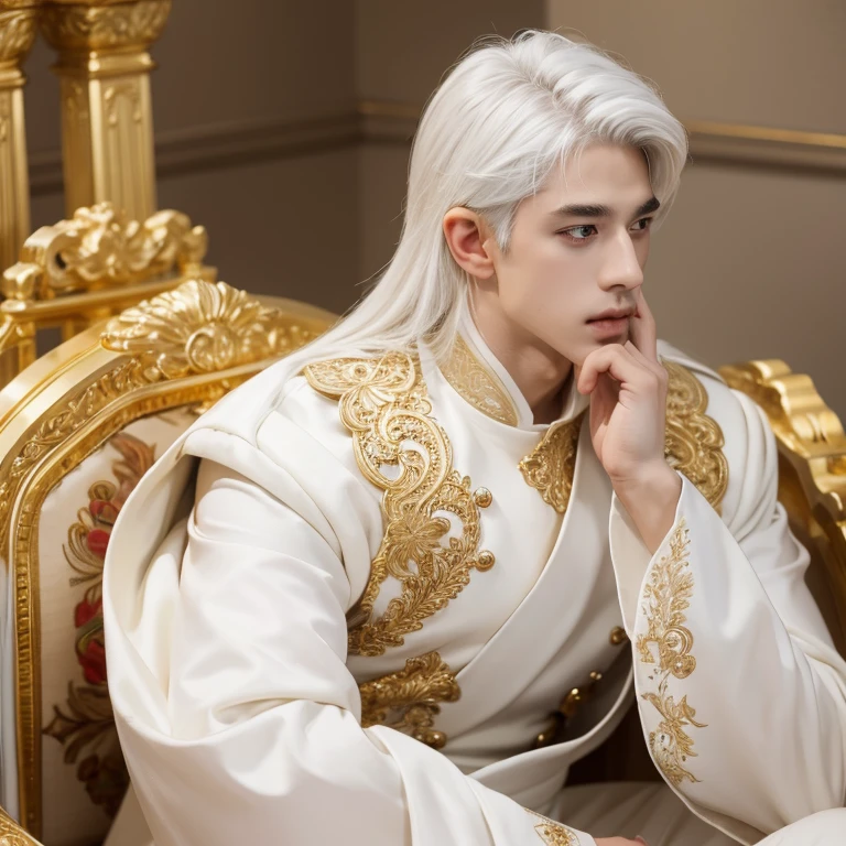 A handsome young man around the age of 15, white hair, gold and white imperial clothing, slightly muscular body, long hair.