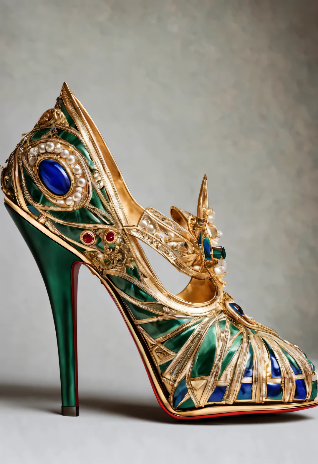 ultra high definition, masterpiece, Accurate, Super details, high detail, high quality, Award-winning, best quality, Level, 16k, background: simple gold,
(an art deco), egyptian style, (Close-up of high heels), white, Red, Dark Green, emerald blue,
There are beautiful pyramids here, the sphinx, sun god symbol pattern, Set with pearls, gem, Golden tassels, complex patterns, luxury, Astonishing,