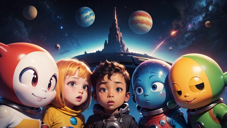 cinema poster. colorful planets, friendly aliens, spaceship, ready for exploration, young adventurers, cartoon style