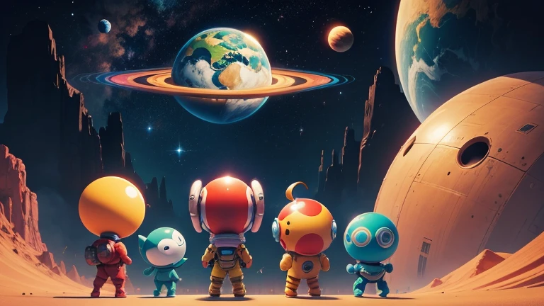 cinema poster. colorful planets, friendly aliens, spaceship, ready for exploration, young adventurers, cartoon style  