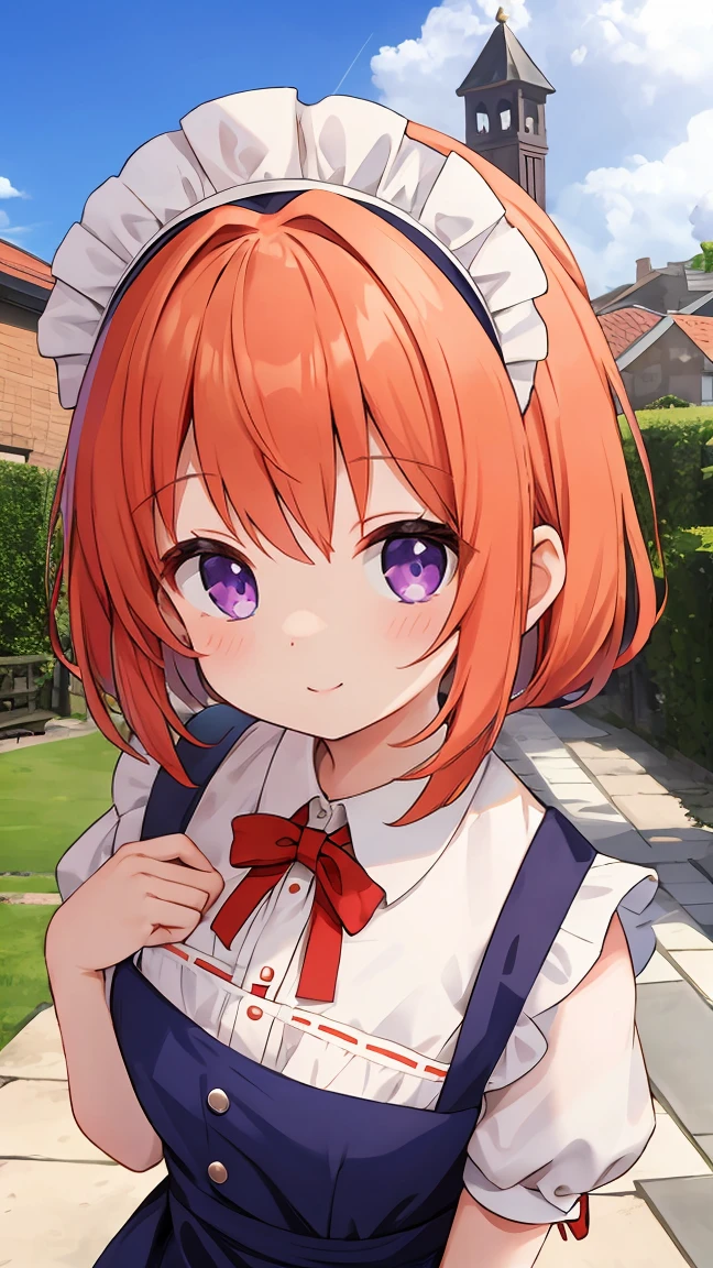 masterpiece, highest quality, 1 girl, purple eyes, orange hair,maid headdress, maid,