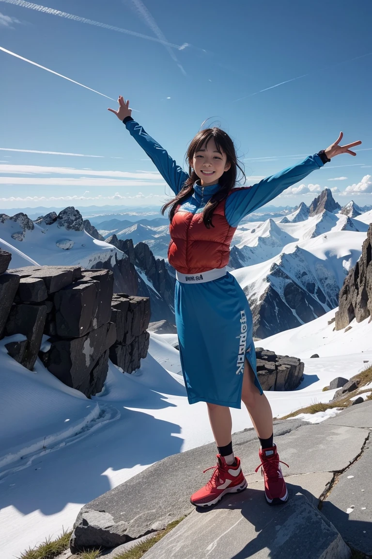 From below, Photo of a beautiful Japanese young idol, floating in the air, midair, skydiving, 10 meters high, cityscape, smiling politely, short hair, wearing a revealing swimsuit, Zero-gravity Boots, ultra-detailed,natural lighting,vibrant colors, full-body, wide-angle lens