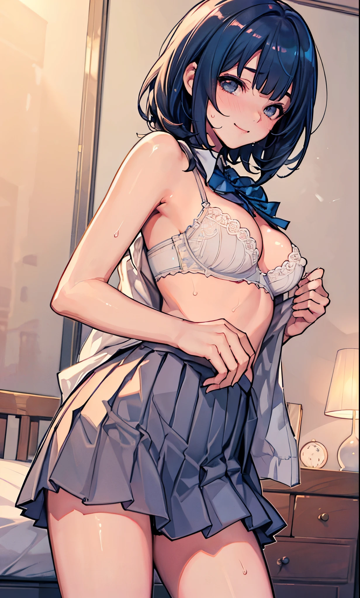(masterpiece:1.3,nsfw),best quality,PIXIV,sweat,
cowboy shot,1woman、18-year-old、Beauty, solo,white bra,black hair,bob hair, blunt bangs, shoulder-length hair,shirt, school uniform,pleated skirt、mini skirt,Cotton bra,topless,blue hair, looking at viewer, from front, skinny、smaller head、medium breasts,sweat, striped bra、black eyes,shy look、a smile,Simple bed、simple bedroom、sunset、
