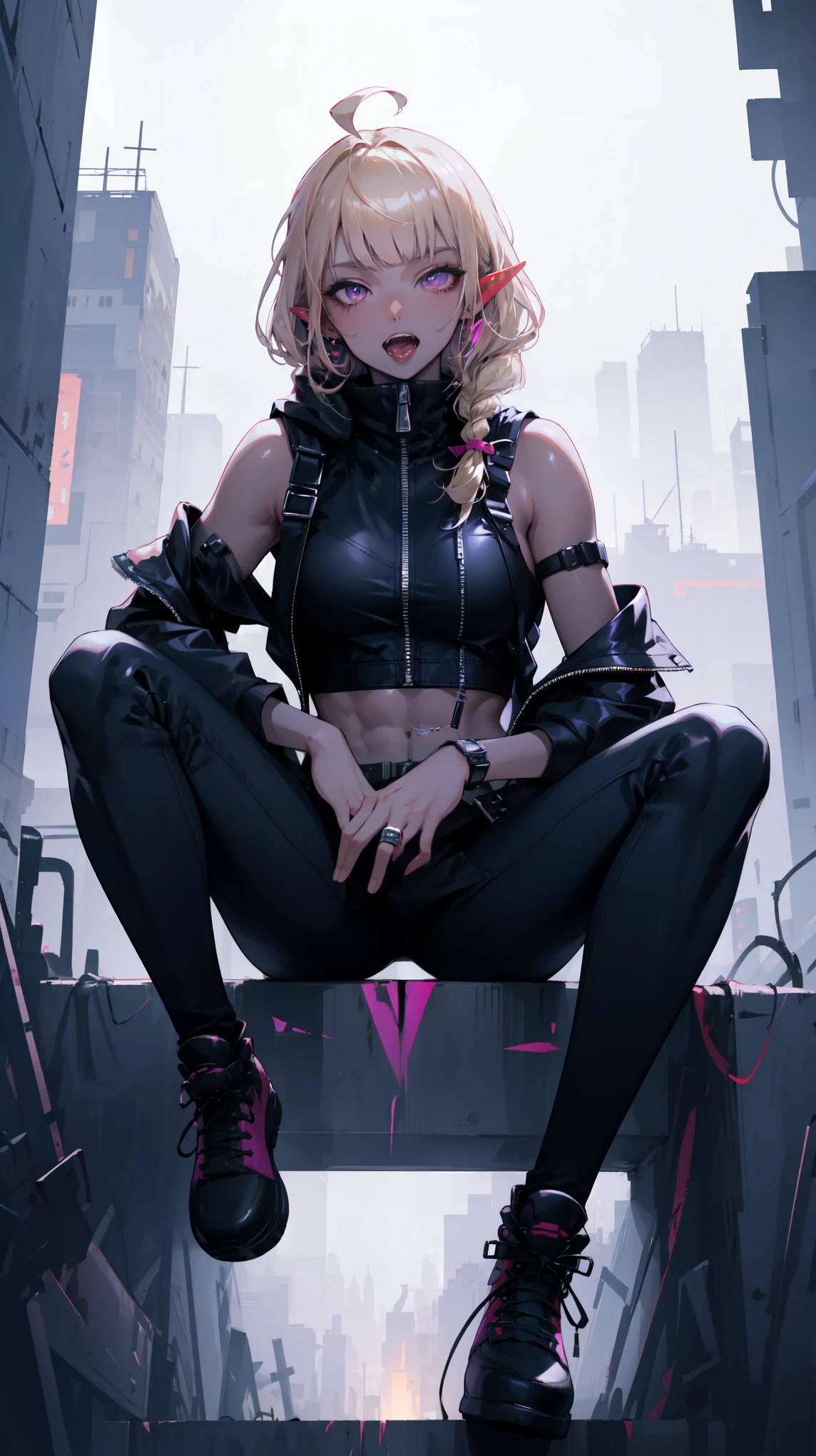 ((masterpiece)), (top quality), (best quality), ((ultra-detailed, 8k quality)), Aesthetics, Cinematic lighting, soft semi-backlit light, (detailed line art), absurdres, (best composition), (high-resolution),
BREAK,
A Rebellious Cyberpunk dark elf Female Image, wearing cyberpunk shirt with a armbands, cyberpunk techwear women, techwear occultist, stylish and edgy outfit, black pants, sleeveless hoodie, black tigh-high boots, zipper, (sitting, cross-legged), (atmospheric perspective), (top of building), (cyberpunk cityscape background, simple background), cinematic dramatic atmosphere,
BREAK,
highly detailed of (dark elf), (1girl), solo, perfect face, details eye, ahoge, hair loop, blonde white shining hair, (braided bangs:1.3), violet eyes, shining eyes, (beautiful detailed eyelashes, eyeshadow, pink eyeshadow), smile, open mouth, tongue, teeth, sharp teeth, design art by Mikimoto Haruhiko, by Kawacy, By Yoshitaka Amano,
BREAK,
((perfect anatomy)), perfect body, Abs, medium breast, perfect hands, perfect face, beautiful face, beautiful eyes, perfect eyes, (perfect fingers, deatailed fingers), correct anatomy, perfect legs, (dark skin:1.2)