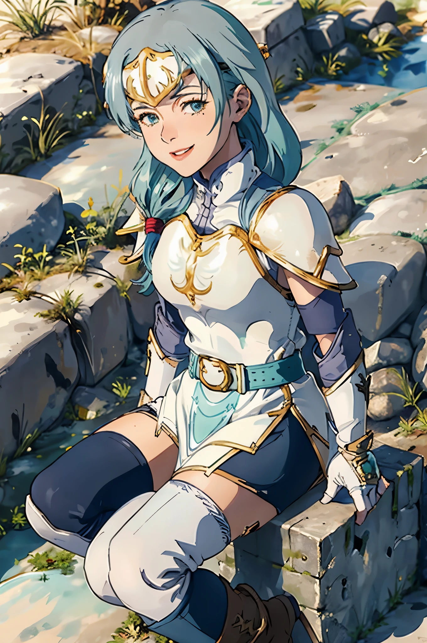 sitting,hand on head,def_sigrun, headband,side slit, armor,  black pants,cape, breastplate, belt, gloves, boots, fingerless gloves, dress, shoulder armor, white footwear, elbow gloves,smile, white cape, knee boots, arm guards, lips, white gloves, turtleneck, outdoors, forest,(masterpiece, best quality, ultra-detailed, best shadow) ,
