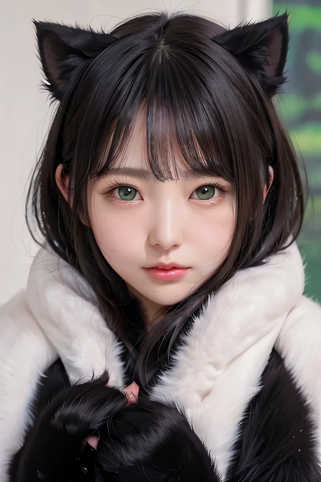 8K, alone, beautiful girl, black cat image、 (Black fur coat), compensate, blush, (black fur scarf), , portrait, realistic, ((green eyes)), looking at the viewer, painting, ,flat body、slim、cute、、white skin、round face、Very adorable little face、cover the skin with a black coat、frightened face、cute pose