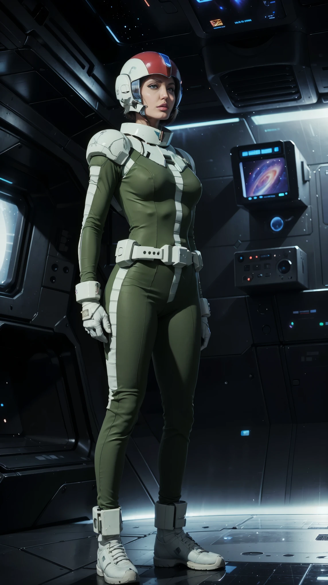 (((masterpiece,highest quality,In 8K,super detailed,High resolution,anime style,Absolutely))),A female Zeon pilot stands.,(solo:1.5),(Angelina jolie:1.5),(((The background is the interior of a dark space battleship.:1.5))),((blur background:1.5)),(He is wearing a Zeon military pilot suit.:1.5),((Wearing a Zeon military helmet:1.5)),(Beautiful woman:1.5),(Detailed facial depiction:1.5),(wallpaper:1.5),(whole body:1.5),(((overlooking:1.5)))