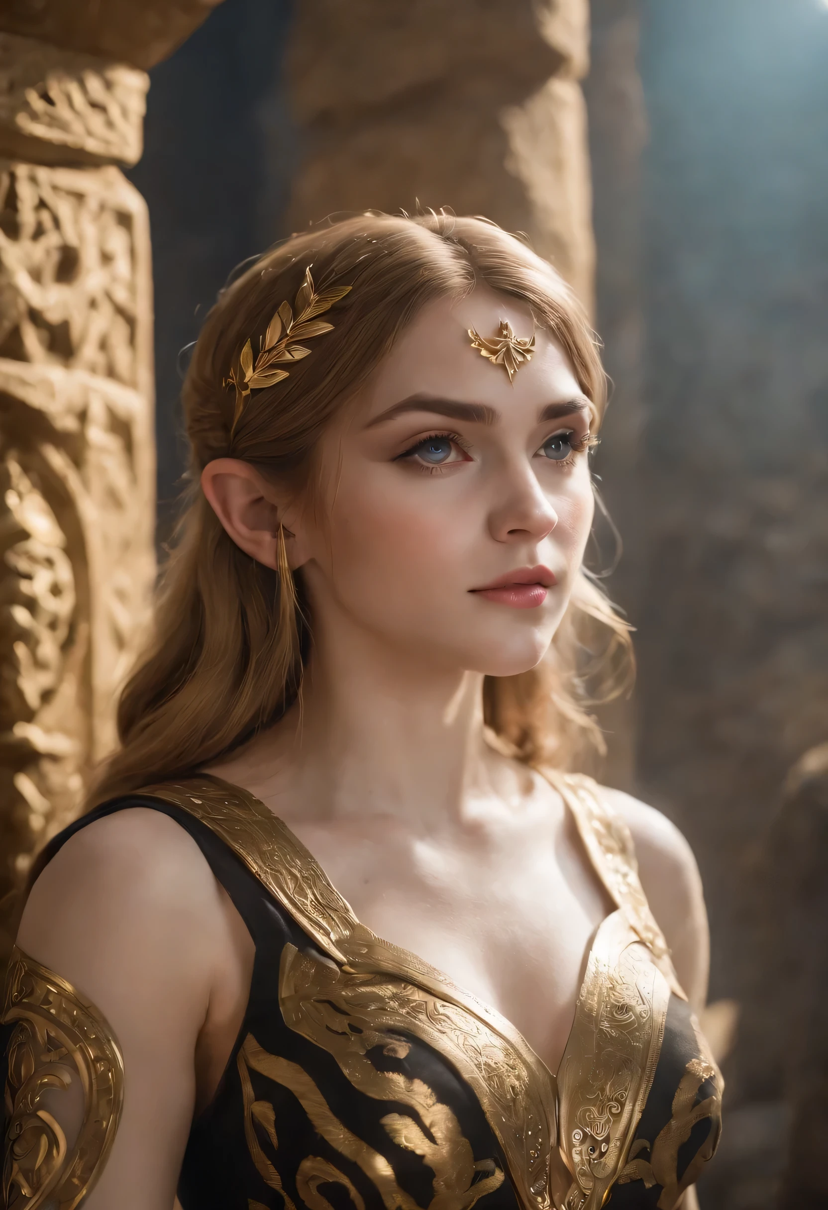 Retrato de Zelda em um vestido preto e dourado, belas obras de arte impressionantes, Nature's Breath, 8k, maximalista, por artgerm, Arte de anime 8k, em uma caverna, Foto 8k