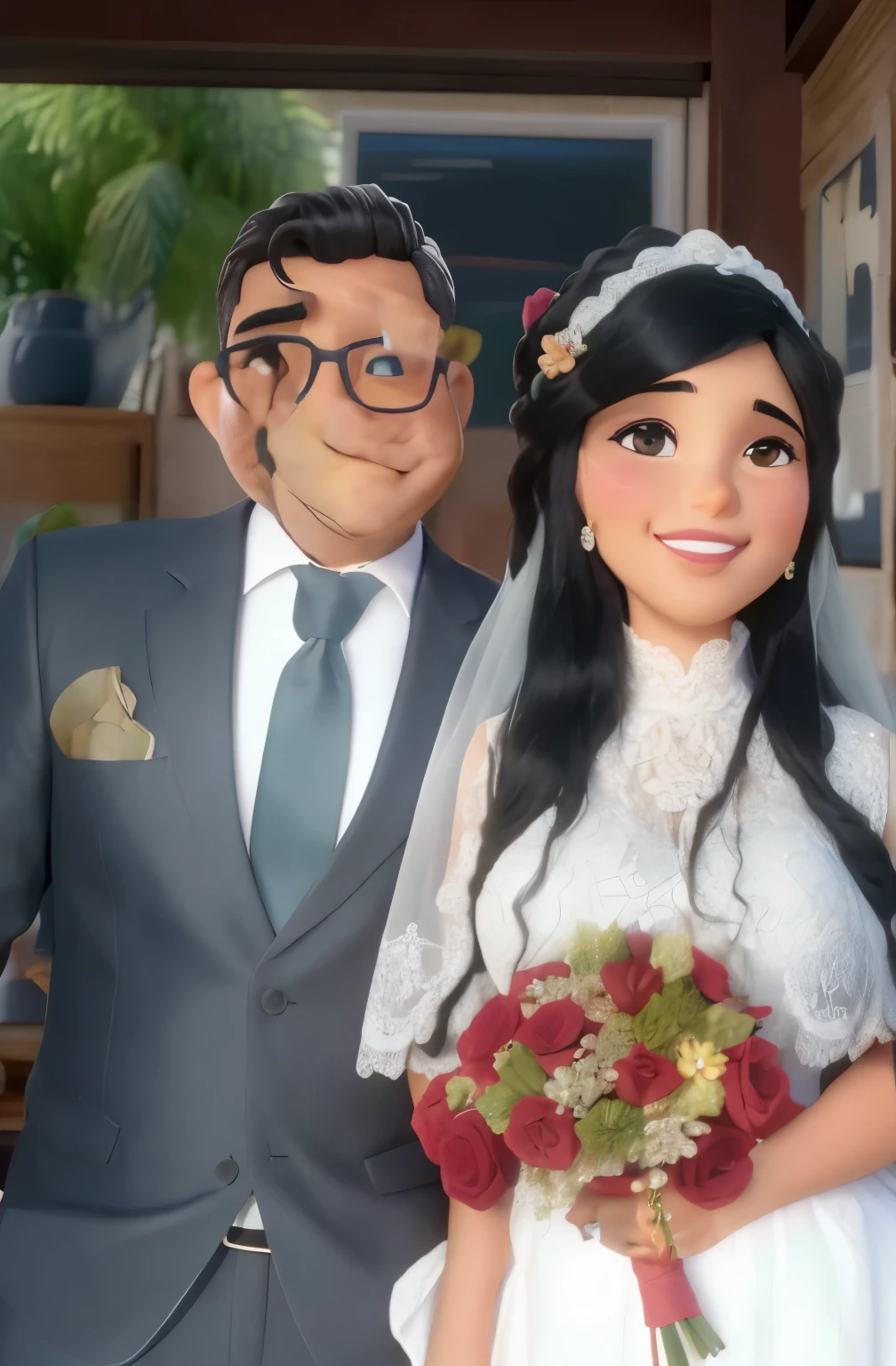 obra de arte, melhor qualidade, casal de noivos, man with black prescription glasses and classic type, mulher com vel de grinada, fundo com flores rosas e por do sol