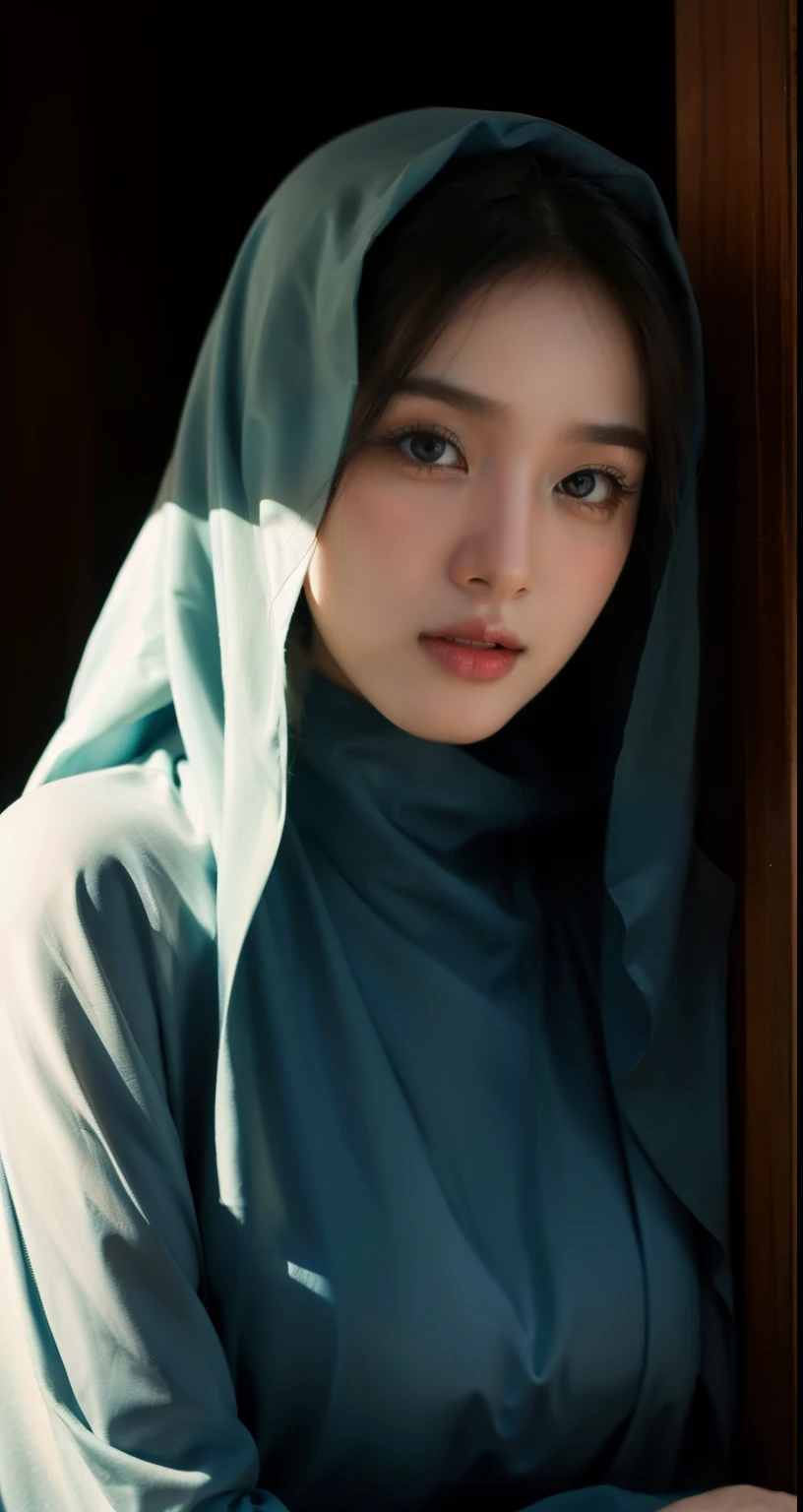 (best quality,4k,8k,highres,masterpiece:1.2),ultra-detailed,eyes detailed, face bright, face glow,(realistic,photorealistic,photo-realistic:1.37),17yeats old girl, Pasmina hijab abaya,blue hijab pasmina,asian korean beautiful girl girl,book,style sex +18,book,erotic Asian korean