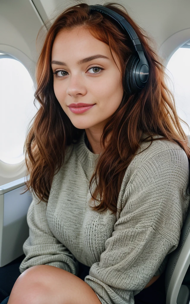beautiful woman, natural red hair, long hair, wearing purple sweater (sitting in an airplane), headphones, selfie, very detailed, 21 years old, innocent face, natural wavy hair, brown eyes, high resolution, masterpiece, best quality, intricate details, highly detailed, sharp focus, detailed skin, realistic skin texture, texture, detailed eyes, professional, 4k, charming smile, shot on Canon, 85mm, shallow depth of field, kodak vision color, perfect fit body, extremely detailed, foto_\(ultra\), photorealistic, realistic, post-processing, maximum detail, roughness, real life, ultra realistic, photorealism, photography, 8k uhd, photography