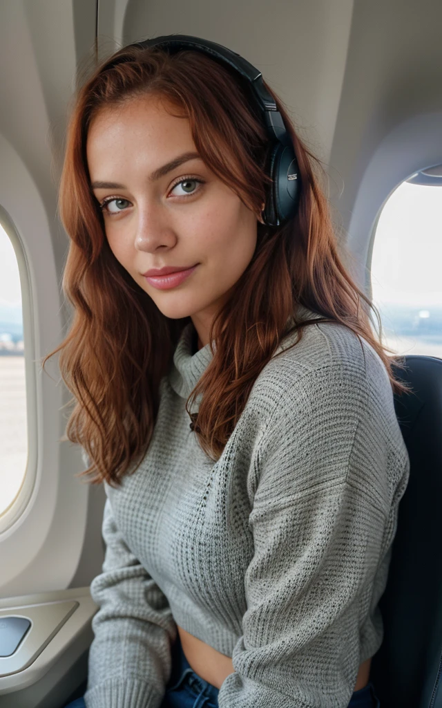 beautiful woman, natural red hair, long hair, wearing purple sweater (sitting in an airplane), headphones, selfie, very detailed, 21 years old, innocent face, natural wavy hair, brown eyes, high resolution, masterpiece, best quality, intricate details, highly detailed, sharp focus, detailed skin, realistic skin texture, texture, detailed eyes, professional, 4k, charming smile, shot on Canon, 85mm, shallow depth of field, kodak vision color, perfect fit body, extremely detailed, foto_\(ultra\), photorealistic, realistic, post-processing, maximum detail, roughness, real life, ultra realistic, photorealism, photography, 8k uhd, photography