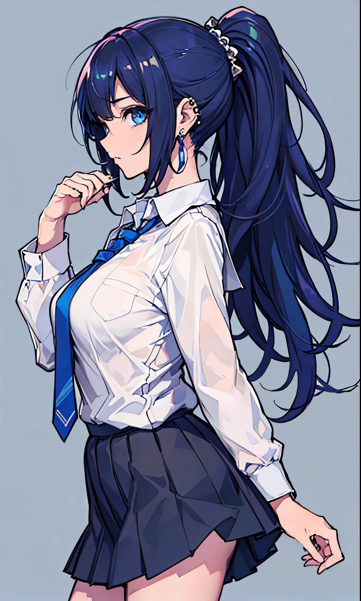 (masterpiece:1.2), best quality,PIXIV,flot,
1girl, solo, skirt, necktie, black hair, long hair, shirt, simple background, blue background, multicolored hair, pleated skirt, jewelry, school uniform, white shirt, blue hair, black skirt, earrings, looking at viewer, collared shirt, from side, breasts, long sleeves, ear piercing, piercing, ponytail, wavy hair, blue eyes
