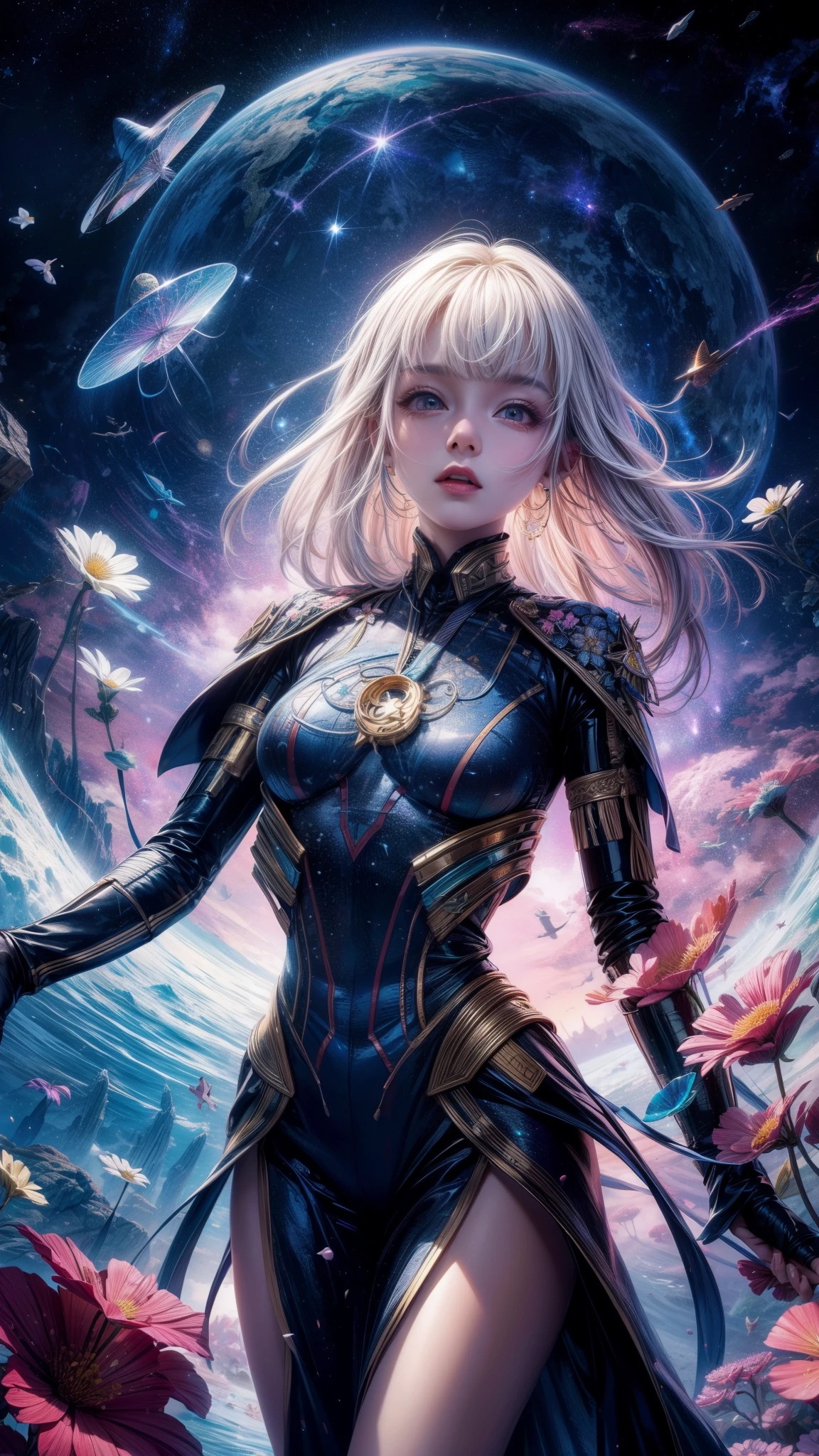 "((Galactic)) scene portraying an alien girl surrounded by a symphony of clouds, splashes of vivid colors, and delicate flowers, an imaginative composition that sparks the viewer's curiosity"