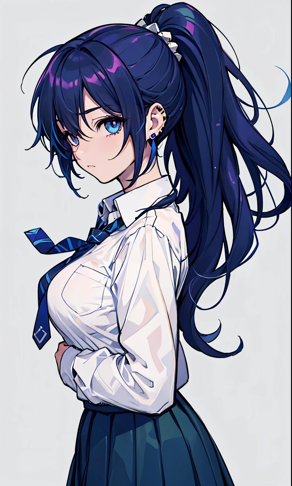 (masterpiece:1.2), best quality,PIXIV,flot,
1girl, solo, skirt, necktie, black hair, long hair, shirt, simple background, blue background, multicolored hair, pleated skirt, jewelry, school uniform, white shirt, blue hair, black skirt, earrings, looking at viewer, collared shirt, from side, breasts, long sleeves, ear piercing, piercing, ponytail, wavy hair, blue eyes