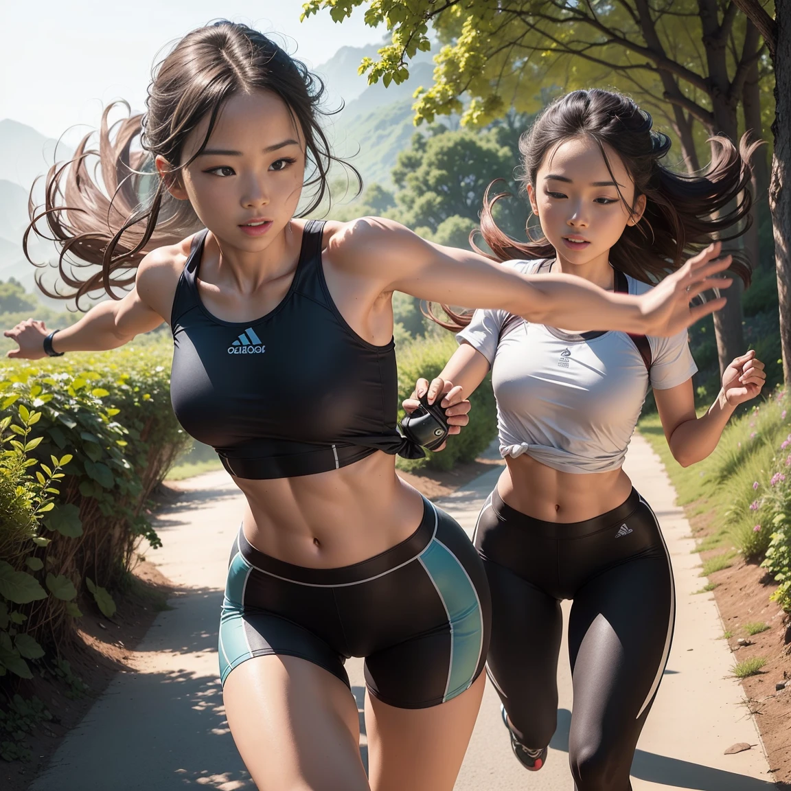 I want my model with Asian looks, blonde hair, a deep and sensual look, Depth of field, dynamic angle, best Light and Shadow quality, 4K, beautiful splash, leaving the gym,with nike clothes, fully body, perfect body, perfect hands, perfect feet, abdomen lightly toned and with textures and splashes of sweat