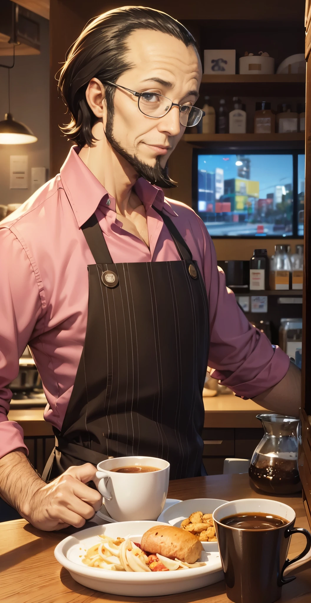 anime, Conceptual art, cinematic lighting, Canon, Nikon, 8k, super detail, 4K, best quality, award winning, anatomically correct, (detailed beautiful eyes and detailed face, masterpiece side light, masterpiece, best quality, detailed, high resolution illustration), ((hyper detailed anatomical eyes)) ((sojiro sakura)) standing in a dark cozy cafe behind the bartender's place, customers are sitting drinking coffee, an old TV is playing on the wall on the counter on the side, he is leaning on the bar counter and smiling slightly
