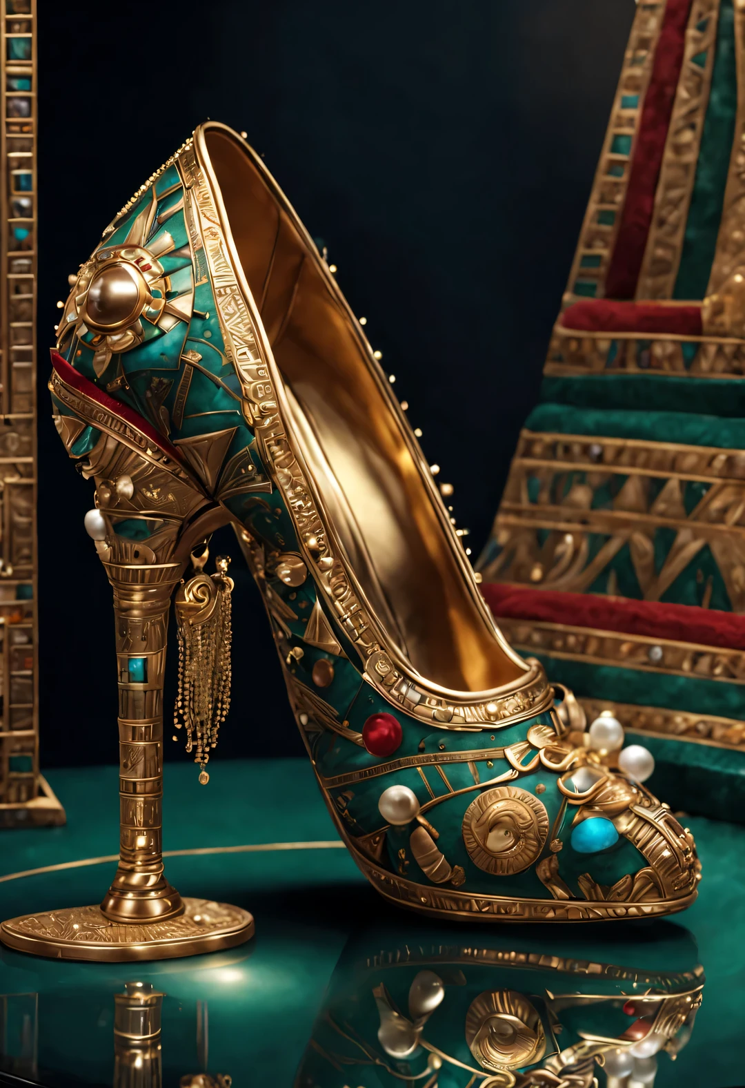 ultra high definition, masterpiece, Accurate, Super details, high detail, high quality, Award-winning, best quality, Level, 16k, background: simple gold,
(an art deco), ancient egyptian style, (Close-up of thick high heels with velvet surface), white, Red, Dark Green, emerald blue,
There are beautiful pyramids here, the sphinx, sun god symbol pattern, Inlaid with lots of pearls, gem, Golden ears, complex patterns, luxury, Astonishing,