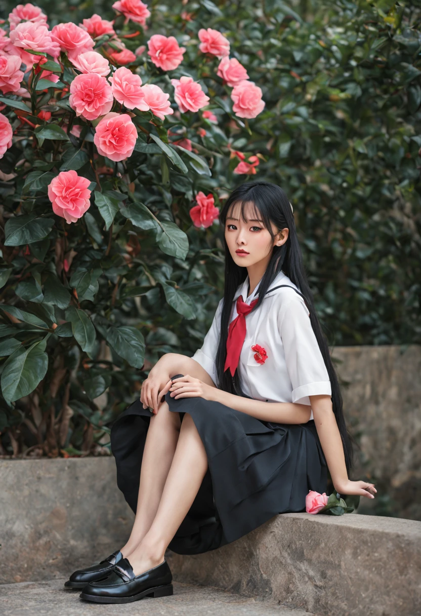 camellia, flower, red_flower, red_rose, rose, katana, 1girl, pink_rose, pink_flower, spider_lily, shoes, long_hair, school_uniform, serafuku, sheath, skirt, solo, sheathed, vase, looking_at_viewer, sitting, orange_flower, pleated_skirt, rose_petals, black_shirt, black_legwear, black_skirt, hibiscus, very_long_hair, parted_lips, loafers, sailor_collar, black_hair, neckerchief