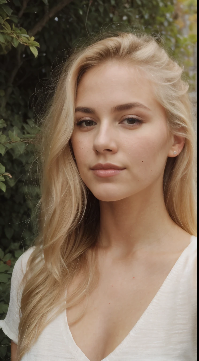 A 23-year-old blonde woman, ((pechos grandes)), ((hiperrealismo)) ,. blonde hair with light brown roots. cabello rubio, Hair with brown roots, cabello extra largo, cabello muy largo, really long hair, Beautiful, Front view, selfie, photo taken with iPhone, elegant black shirt with escote, escotada, selfie in the garden, high quality, selfie iPhone, cleavage