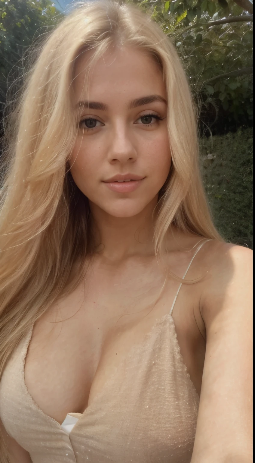 A 23-year-old blonde woman, ((pechos grandes)), ((hiperrealismo)) ,. blonde hair with light brown roots. cabello rubio, Hair with brown roots, cabello extra largo, cabello muy largo, really long hair, Beautiful, Front view, selfie, photo taken with iPhone, elegant black shirt with escote, escotada, selfie in the garden, high quality, selfie iPhone, cleavage