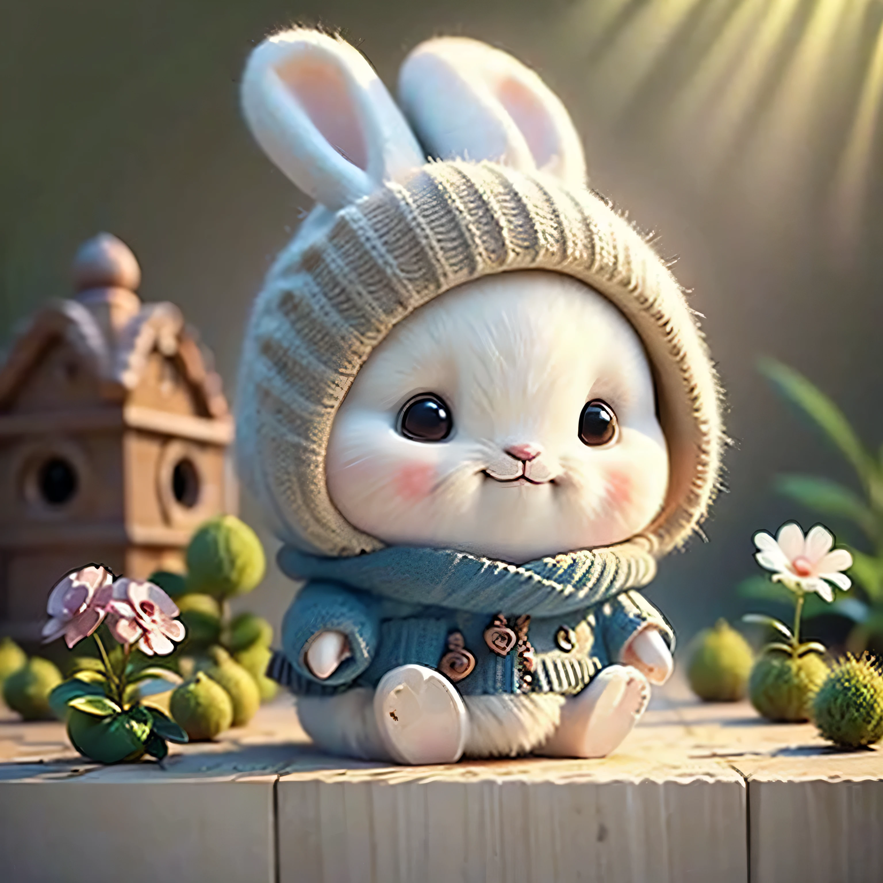 Set up the rabbit camera, wood_stump, flowers, adorable , fluffy, realistic, soft lighting,