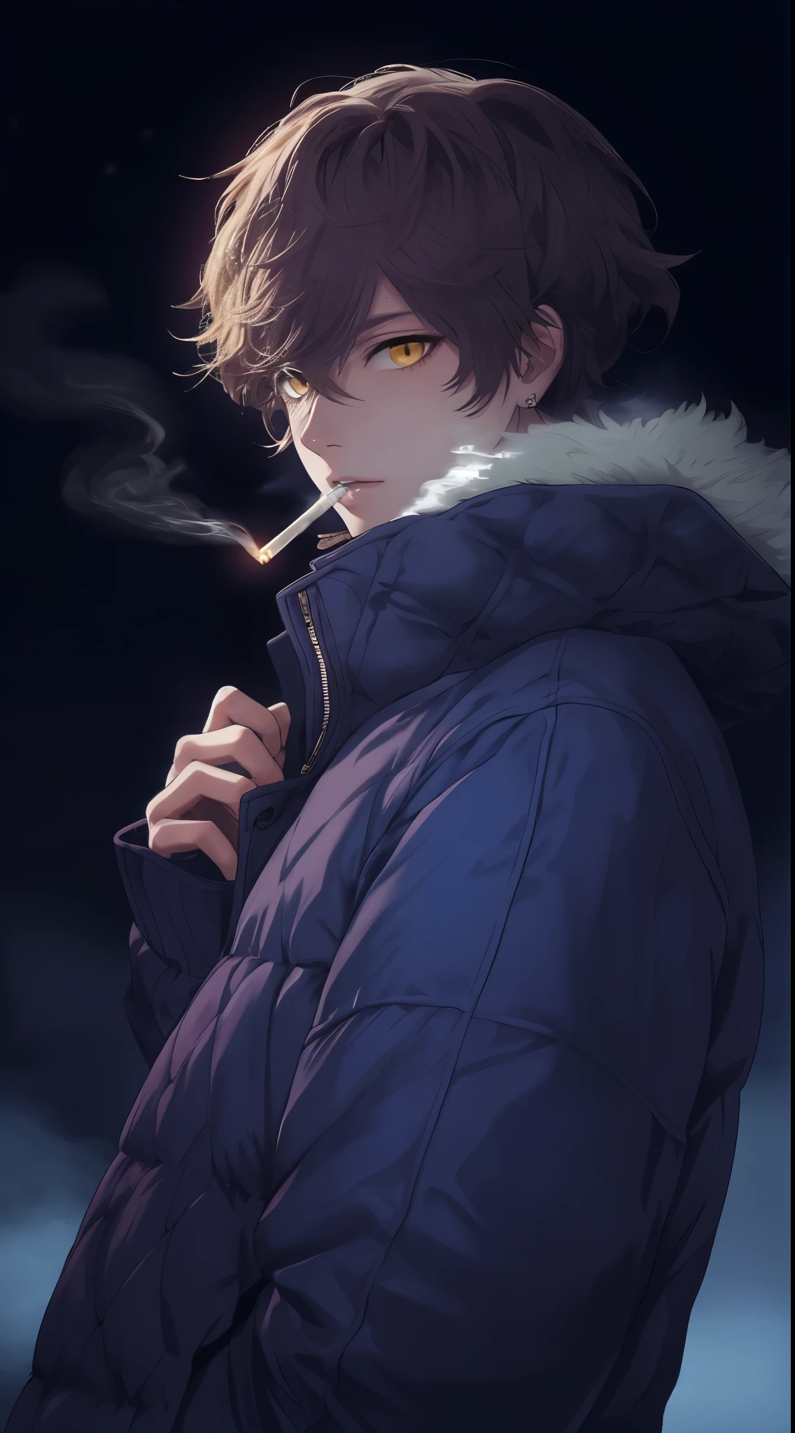 Beautiful young man, brown hair, short hair, yellow eyes, blue quilted coat, smokes, night, smoke,high quality, amount of drawing, pixiv illustration