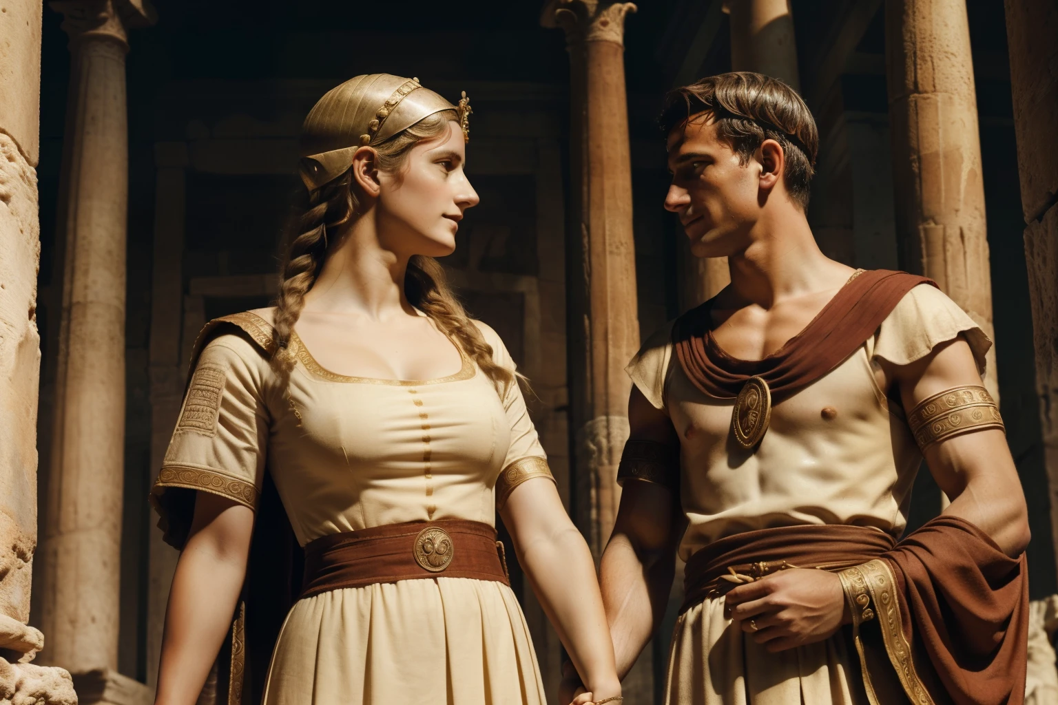 Rome, 77 BC. A young ((((23-year-old)) Julius Caesar)), and his wife Cornelia, holding hands, ((loving expression)). ((((roman clothings from the 1st century BC)))) ((ancient rome hairstyle))