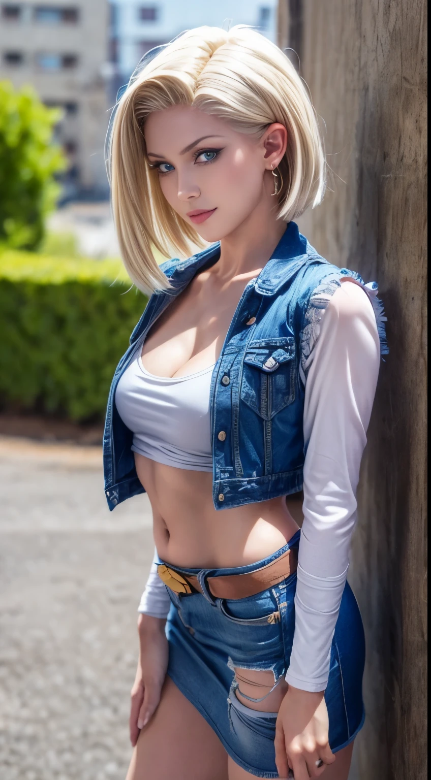 Best Quality, hight resolution, and18, 1girl in, Android 18, Solo, Blonde hair, Blue eyes, Short hair, Lovely smile，earrings, Jewelry, Denim Vest, open vest, Jeans miniskirt,  Blue mini skirt, tiny chest, Cowboy Shot, Pose with your buttocks sticking out and turning around，Street, (Externally expanded Chest: 1.2)，