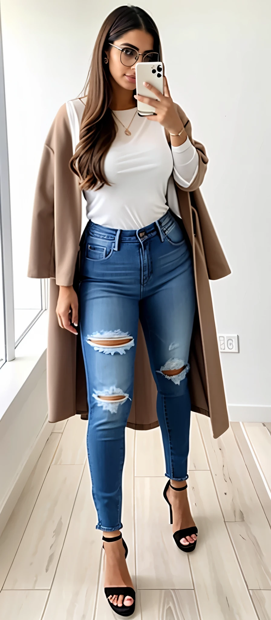 18 year old Latin woman with large transparent glasses, araffe woman taking a selfie in a white top and pantalones rasgados, ( ( ( vistiendo jeans ) ) ), traje complejo, ropa rasgada, cuerpo completo picture, pantalones rasgados, traje intrigante, cuerpo completo;, traje femenino, Classic vibrations, vistiendo jeans, pantalones vaqueros azules, cuerpo completo!!!, Outfit of the day, cuerpo completo!!!!!!, crecer