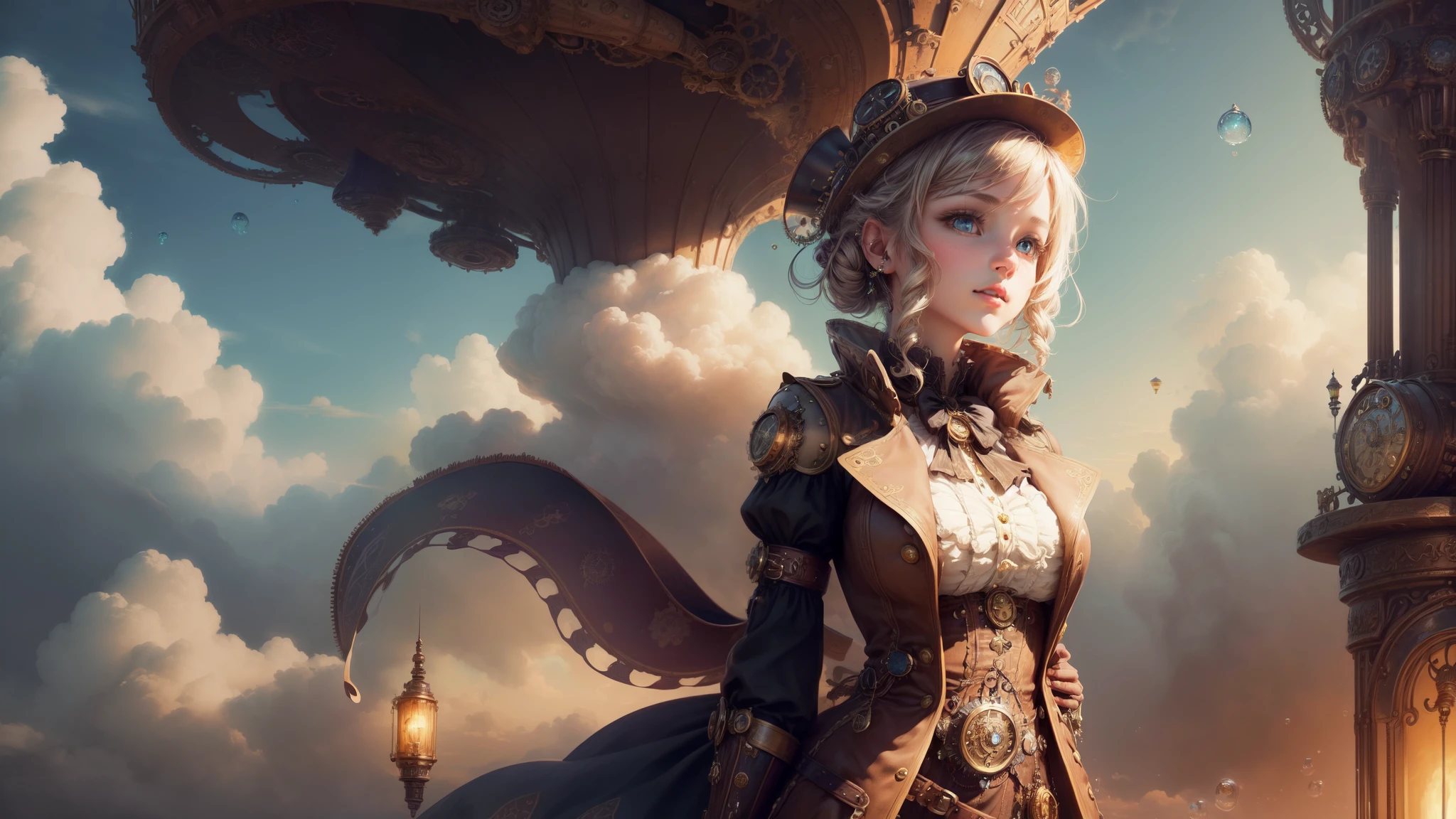 "((Steampunk wonder)), (organ's melody), ((whimsical clouds)), ((captivating girl)), ((bubbling magic)), ((curious cat)), ((intricate piping)), ((fantastical atmosphere)), ((imaginative storytelling)), ((meticulously crafted))"