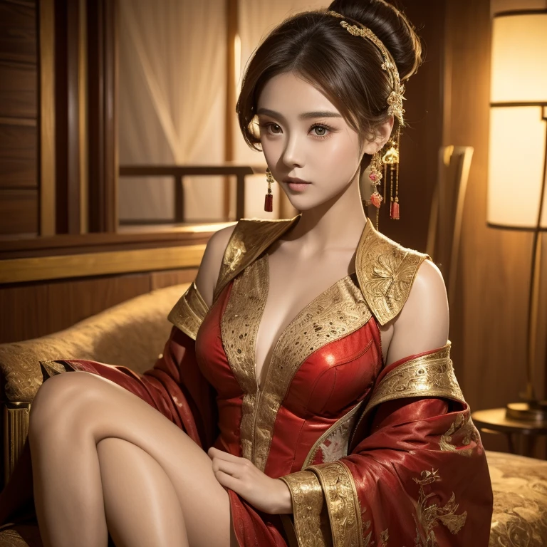 An alluring young woman at ye age of 15, brunette, hair bun, golden fiery red imperial clothing, slightly matured figure.