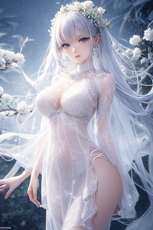 (Paradise in Heaven), White lighting,(muste piece), (best quality), (cinematic), 8K, (art station),(長いwhite hairとSilvery eyesを持つ1人の女), (beautiful delicate face)、[Frozen trees々], [landscape crystal], [lighting], [Ethereal Atmosphere:1.1], [fantasy, short story] ,[soft なlighting] 、(+cinematic shot:1.2)、 [+art station] 、[+luminous white background] 、 [soft glow] 、(Creative and dynamic angles:1.3), [+Crystal Toning] 、muste piece, very detailed, Super detailed, solo, (pale skin), Silvery eyes, white hair, (snow background), (snowflake rosen flower:1.0), (shining crystal), (Snowy ground), (White lashes), sexy woman、dreamy and detailed, Gorgeous setting, 妖しい雰囲気 muste piece, The most beautiful scenes, majestic、(((full of white flowers)))、quiet and serene atmosphere、attractive, all white tones,Inside the crystal library,Transparent flowers and falling snow，Many white roses are planted,(water flowing,waterfall,water bloom),The decoration is also carefully done.,dream（very detailedです，creative design，crisp and precise lines，K HD，best quality，master piece，超High resolution，In 4K）、Diverse poses、((beautiful white flower hair ornament))、beautiful hairstyle、(best quality, In 4K, 8K, High resolution, muste piece:1.2), Super detailed, detailed expression, graceful posture, expressive brush strokes, mysterious atmosphere, artistic interpretation,Delicate floral jewelry， (((Detailed design、Beautiful transparent dress made of thin fabric、Sheer mini dress that shows off your skin)))、(SFW:1.5), (oversized breasts, best body proportions, proportions of large breasts,:1.5)