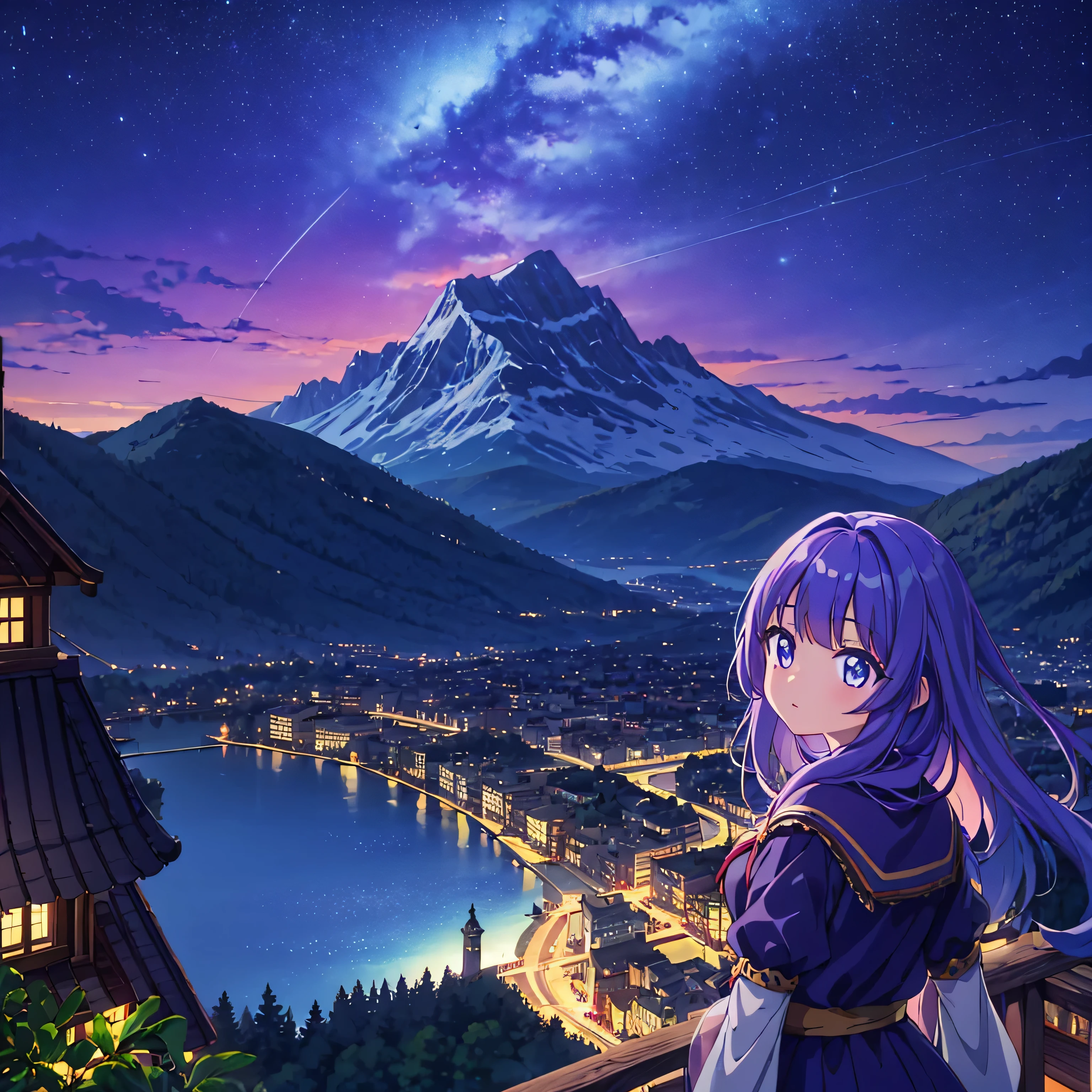 night, Mountain range in the background, the lake in front of the mountains, An ancient city glows on the other side of the lake, with a cute anime girl in the foreground, purple long hair, girl looks at this city by the lake