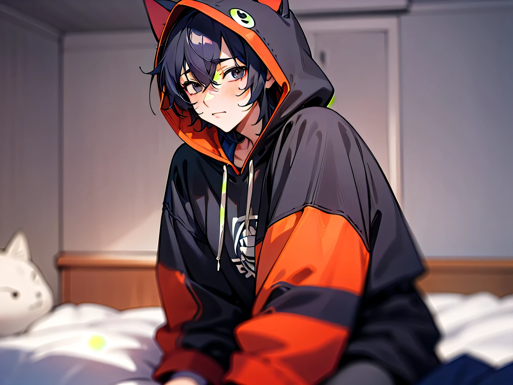 ((男性)),male focus,((((man))),25 age,solo,black hair 1.5，cat ear hoodie,hoodie,Sitting on the edge of the bed in the room with an bashful（Indo blackened 1.5）,red cheek（The background is in the hotel　room：1.5），Anime style 4K，Anime rendering，style of anime，8K fineness，（Upper body display：1.5）（Cinematic lighting：1.5)