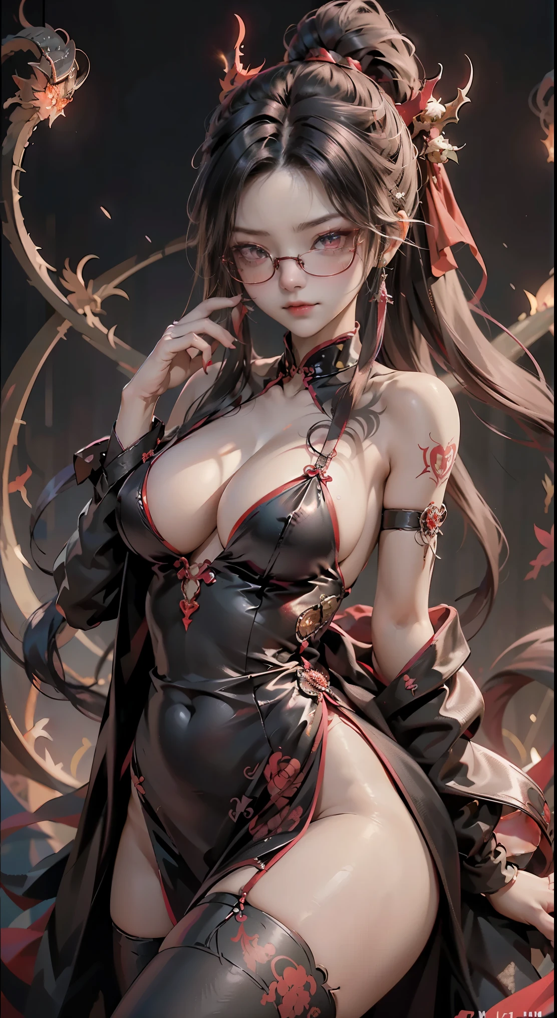 Are you okay、(best illustrations)、8k UHD resolution、intricate details、highest quality、realistic、super detailed、best lighting、best shadows、soft lighting、ultra hd、超realistic、Tyndall effect、Photoreal、(high detail skin:1.2)、 (intricate details, compensate, Pueros face_v1:0.5), (Detailed Beautiful and Delicate Face, Fine, beautiful and delicate eyes, perfectly proportioned face, high definition skin, fine skin, Optimal ratio of 4 fingers and 1 thumb, arm under chest, red tattoo on lower stomach、wow wow, wide hips, smooth abdomen, skin is thin and thin, __fashion__, __hair__:1.25)、Digital single-lens reflex camera、 absurd、A beautiful demon woman from hell, Surreal female portraits by David Hockney and Alphonse Mucha, Portrait of a seductive woman、fantasy art, chinese doll、Chinese actress、dungeon、dragon、devil's palace、devil's torture chamber、night、dark style 、in the dark、(detailed spooky background:0.8), magic、 1 girl、evil nun、dark necromancer、Succubus、devil's daughter、Shinonome Umi、bat wings,(((devil's horns)))、 ((((giant glasses, otaku glasses, thick glasses, round glasses)))),(((big breasts)))、(devil's tail)、(Red eyes glow:1.6)、Red eyes are very sharp and detailed, The eyes are made up very nicely, ((red eyes:1.0)),intricate tattoo, demonic intricate tattoo, thigh tattoo, body tattoo, masterpiece、the most beautiful face、baby face、cute smile、beautiful plump red lips、muscular seductive body、devil's enchanting body、devil style、Fascinating black magic costume、(((A shiny red snake is wrapped around her body)))、The long-haired、Braid、Black hair、Ponytail distortion、, Ponytail with a bow tied at the back of the hair, beautiful expression、body up、Large breasts emphasis、bust, super tight chest, Breast augmentation surgery, The breasts are very big and round,tight waist、wide ass、 low key, cowboy lens, (Black Phoenix Dress: 1.0), devil crown, red sparkling gemstone necklace、Jewelry G-Wise, wear black mesh socks,wearing a thin red and black robe, Hands pull the straps to expose sexy breasts, Protagonist Close-up, nffsw, nffsw, meet beautiful girls, look at the girl's body,(upper body portrait), Protagonist Close-up