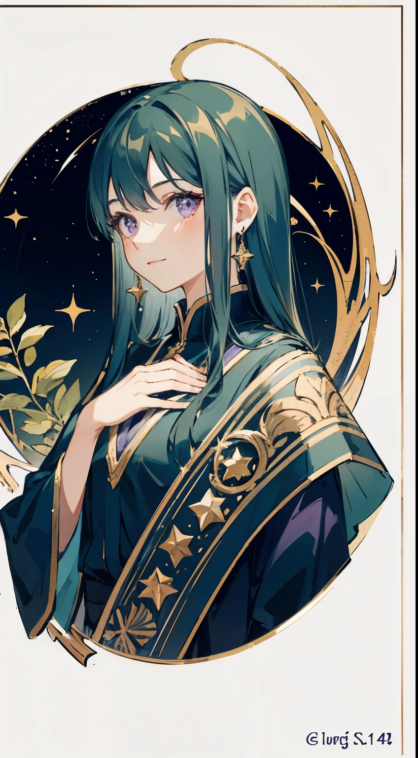 Charter layout, whole body, semi-floating, young girl, Long hair with purple shawl, light purple eyes,happy look,Surrounded by shining stars, Magical school style clothing,many glitter lines,starry sky,Detail clothes, Smart posture,exquisite background