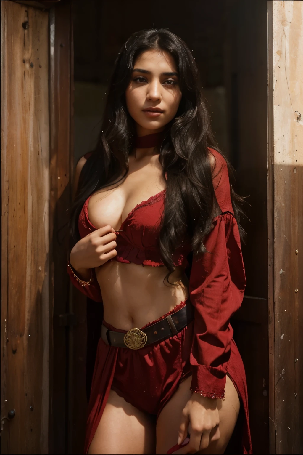 A beautiful girl with Arab features and black gypsy hair. Her features are beautiful and extremely feminine. She is a rebellious fighter. She has anger inside her, but inside she is tenderness. A fearful  on the inside, brave, trying to protect herself from the outside, wearing a cheery red outfit