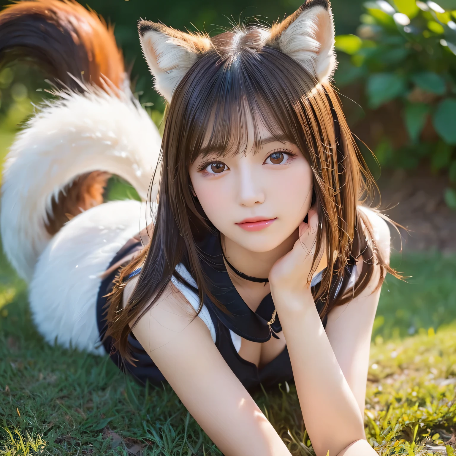 Girl with a furry Tail , Fox girl, Fox Tail, Tail, collared shirt, top quality, on the table, best quality, Ultra-deTailed, finedeTail, high resolution, 8k wallpaper, Perfect dynamic composition, Beautiful deTailed eyes,full body photography,original photography、(((ultimate beauty portrait)))、((sparkling skin)),((masterpiece、top quality、ultra-deTailliert、movie light、intricate-deTail、high resolution、ighly deTailed))、background for this、8 kood、digital SLR、soft light、high quality、film grain、富士XT3、 front view， stand up，
