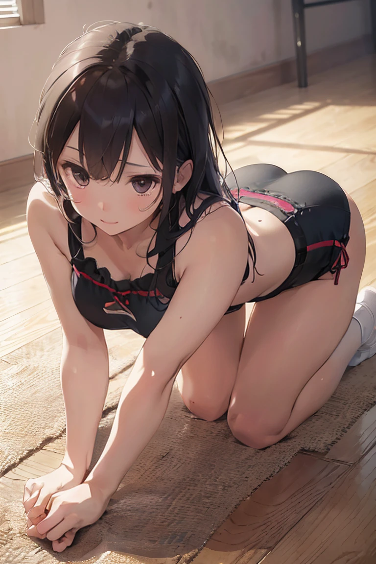 (Kneeling crawl), (((Hips and butt raised above shoulders, creating a gentle arch))), (Provocative-arch), (Shifted-weight forwards), (Side-angle), (Natural forward incline), (Head pointing toward the floor, resembling a kneeling bowing gesture)