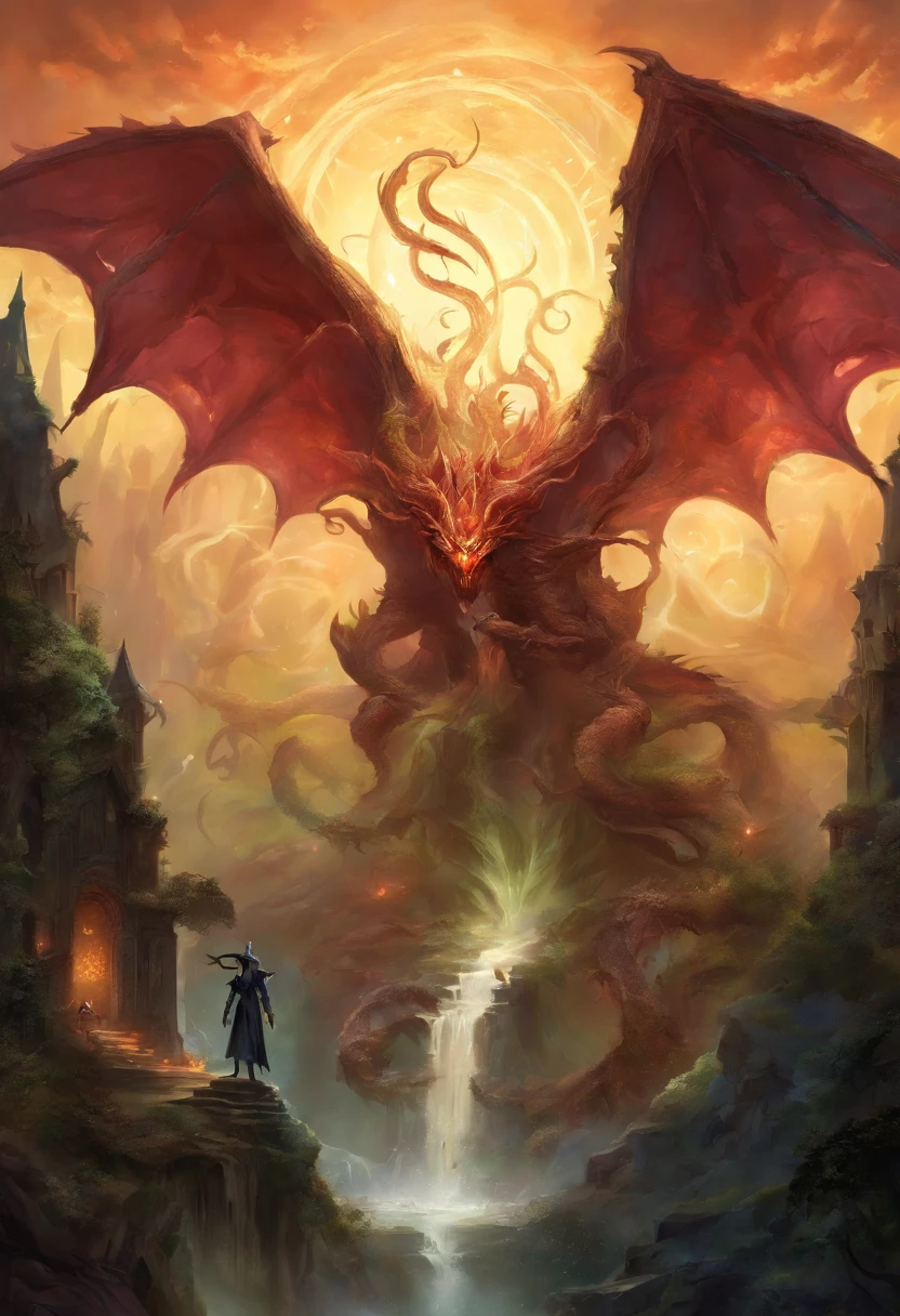 monster,tentacle,scale,bat wings,Bulk,monster,evil God,eyeball,magic book,cane,red eyes,tree bark,Blood vessel,quadrupedal walking,to be born々new,evil,core,Lots of mouths,teeth,sharp nails, negative aura,spines,Tree roots,