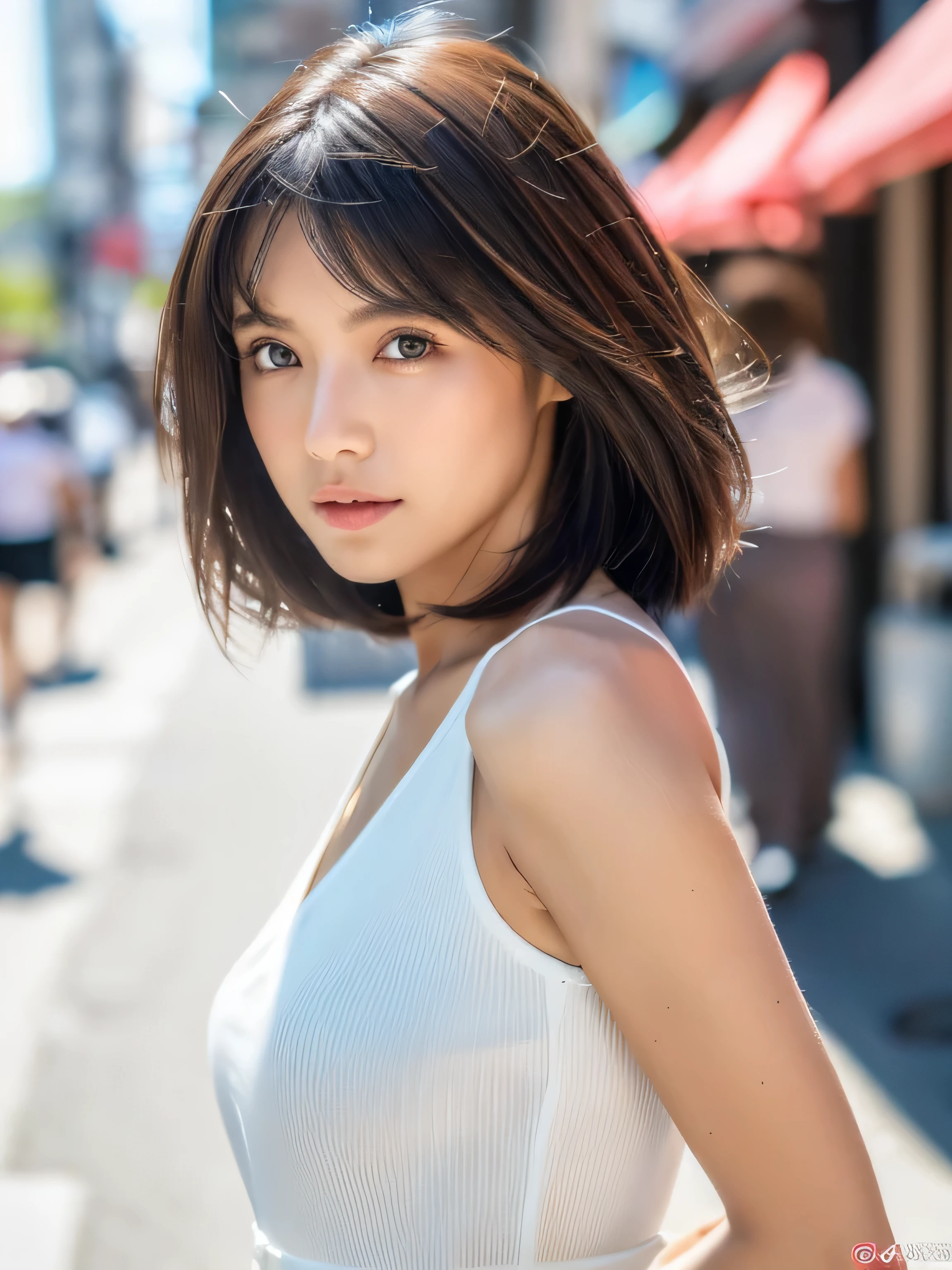 ((Best Quality, 8k, Masterpiece: 1.3)), Focus: 1.2, Perfect Body Beauty: 1.4, Buttocks: 1.2, ((Long Layered Haircut)), (Street:1.3), white Dress: 1.1, Highly Detailed Face and Skin Texture, Fine Eyes, Double Eyelids, Whitened Skin, Long Hair, (Shut Up: 1.3)