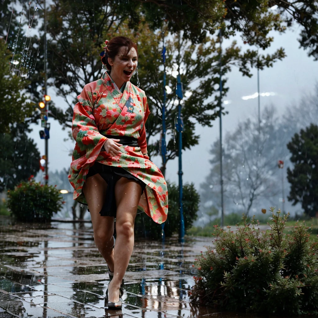 (full body shot), ultra high detail, [harsh flash], a 60 years old woman, curvy, running in the rain, outside drugstore, hollowed face, cheekbones, pretty, eyeshadow, redhead, normal breasts, WindyUpskirt, ((imperfect skin)), [wrinkles], ((perfect face)), black thigh-highs, natural breasts, (nhjy, a woman in a kimono dress with a tree), open mouth, dull and sad eyes, saliva trails, (ultra detailed skin texture, ultra detailed hair, ultra detailed lips, ultra detailed teeth, ultra detailed fingers, ultra detailed nose, real skin pores, moles on skin). It's pouring rain. (rain drops on face). (YES NSFW). High details, Backlit. Diffuse lights. Viewed from afar. (It's raining:1.5)

