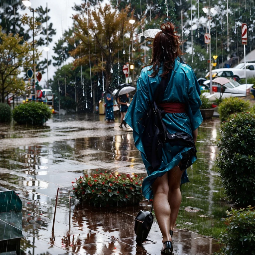 (full body shot), ultra high detail, [harsh flash], a 60 years old woman, curvy, running in the rain, outside drugstore, hollowed face, cheekbones, pretty, eyeshadow, redhead, normal breasts, WindyUpskirt, ((imperfect skin)), [wrinkles], ((perfect face)), black thigh-highs, natural breasts, (nhjy, a woman in a kimono dress with a tree), open mouth, dull and sad eyes, saliva trails, (ultra detailed skin texture, ultra detailed hair, ultra detailed lips, ultra detailed teeth, ultra detailed fingers, ultra detailed nose, real skin pores, moles on skin). It's pouring rain. (rain drops on face). (YES NSFW). High details, Backlit. Diffuse lights. Viewed from afar. (It's raining:1.5)
